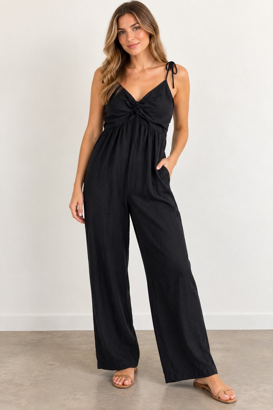 Old Navy Black Linen Blend Jumpsuit Tie Shoulder Wide Leg Black Size Tall L Boho